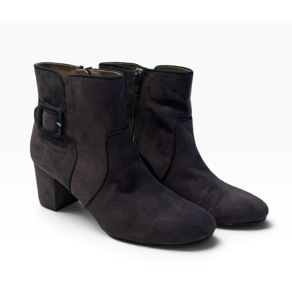 Blue Suede Ankle Boots Women's 10 Block Heel Buckle Side Zip Booties